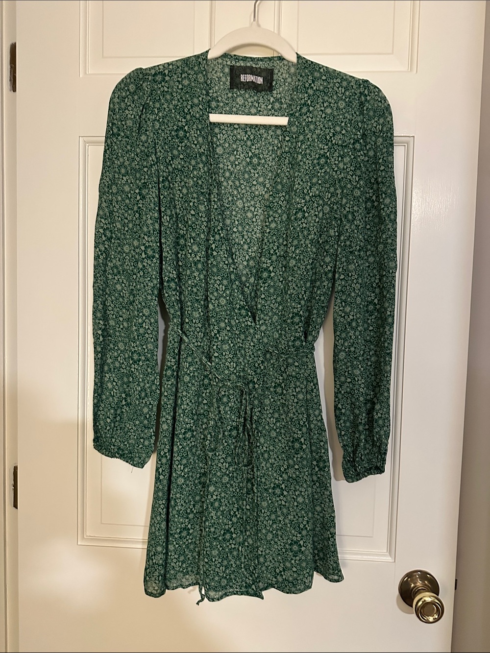 Reformation Dark Green Mini Floral Wrap Dress